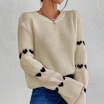 Women Sweater Autumn Winter Solid Color Loose Heart Jacquard Sweater Pullover Round Neck Flared Sleeves Top