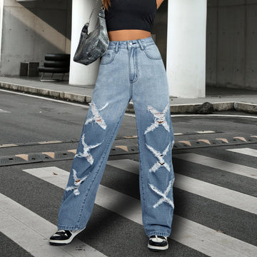 Straight Pants Water Washed Hole Wide Leg Pants Jeans Women