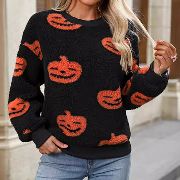 Women Autumn Winter Halloween Printed Plush Loose Pullover Sweatershirt