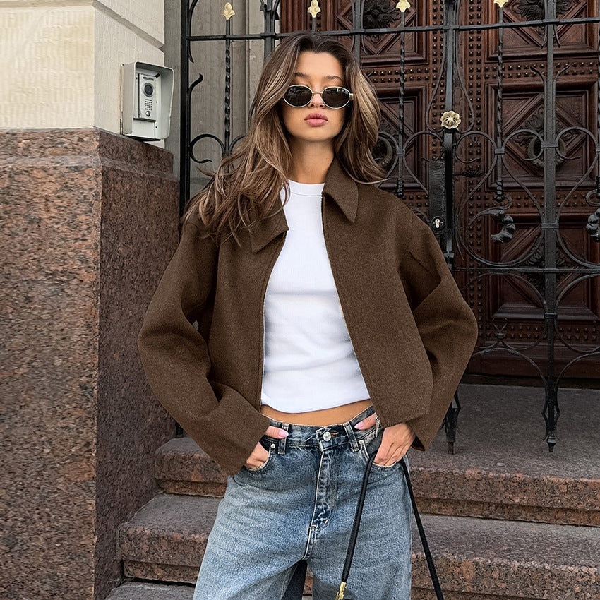 Brown Zip Up Short Jacket with Long Sleeves for Women - Rosalinda