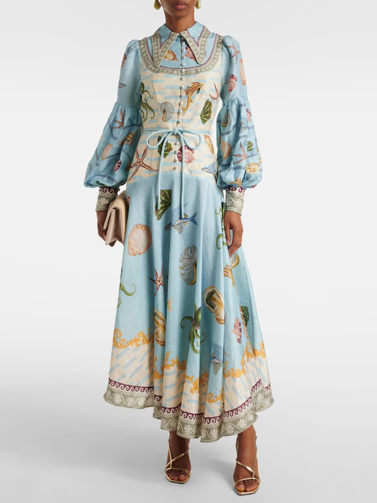Light Blue Sea Print Long Sleeve Maxi Dress for Women - Annetta