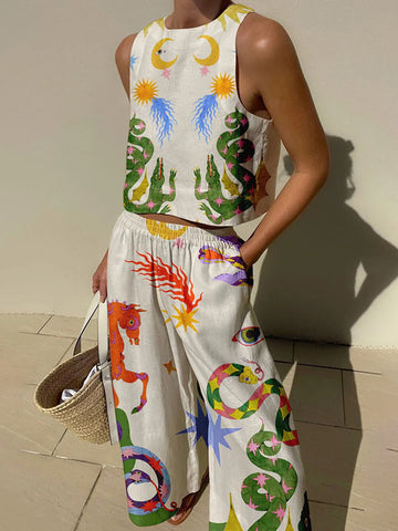 Colorful Print Sleeveless Top and Wide Leg Pants Set for Women - Liberata