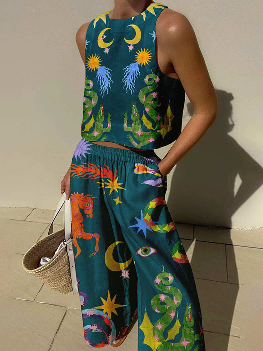 Colorful Print Sleeveless Top and Wide Leg Pants Set for Women - Liberata