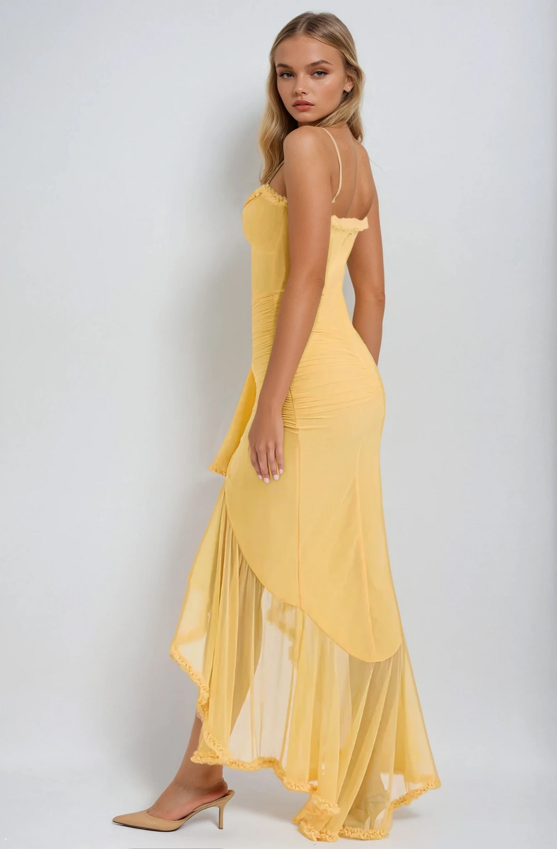 Ruffle Mesh Maxi Dress with Spaghetti Straps for Women - Anna