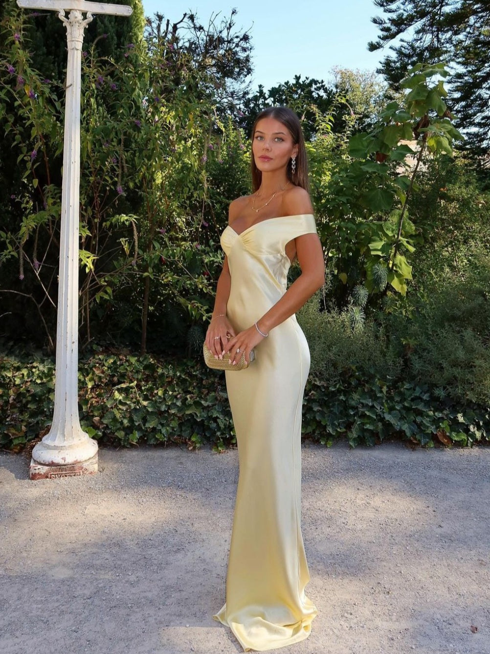 Golden Satin Maxi Dress with Off-Shoulder Design for Women - Lina