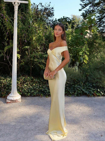 Golden Satin Maxi Dress with Off-Shoulder Design for Women - Lina