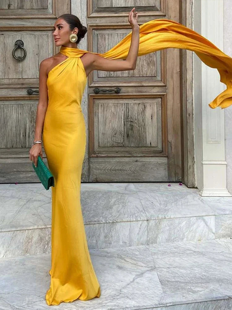 Satin Maxi Dress with Side Slit for Women - Anastasia