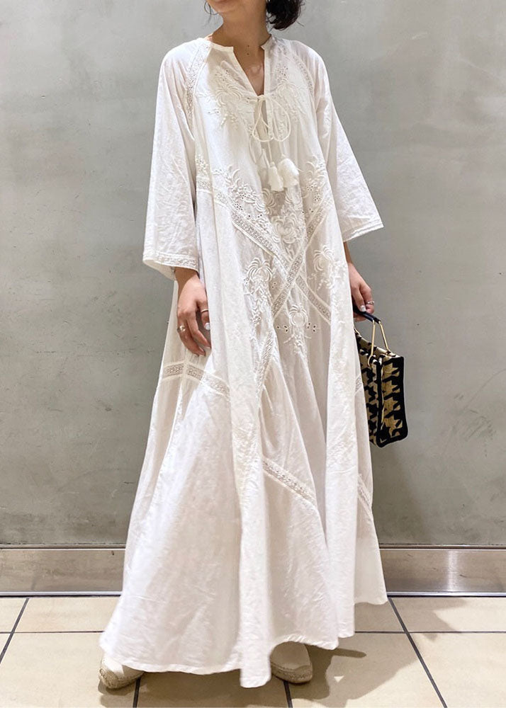 Elegant White Embroidered Cut-Out Cotton Maxi Dress  - Claire