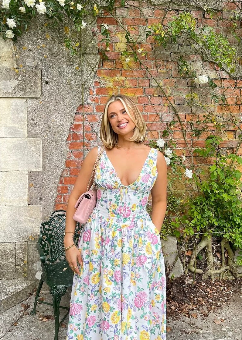 White Floral Midi Dress with Sleeveless V-Neck for Women - Selvaggia