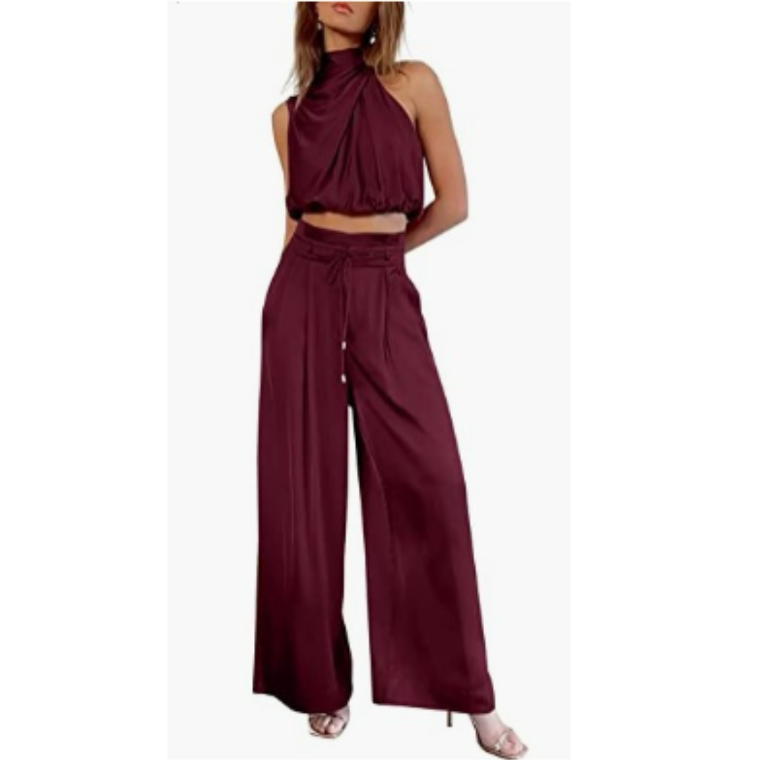 Women's Halter Crop Top and Wide Leg Pants | Two-Piece Set