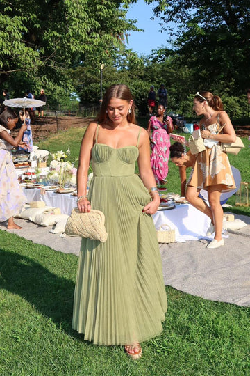Sage Green Maxi Dress with Pleated Skirt for Women - Gisella