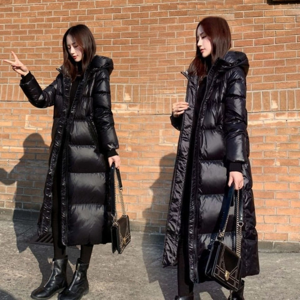 Black Long Hooded Puffer Coat for Women - Bruna