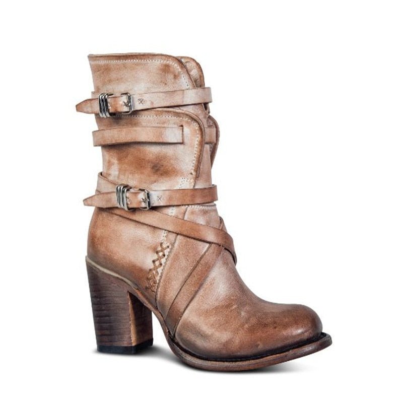 Women's Distressed Leather Boots | Chunky Heel