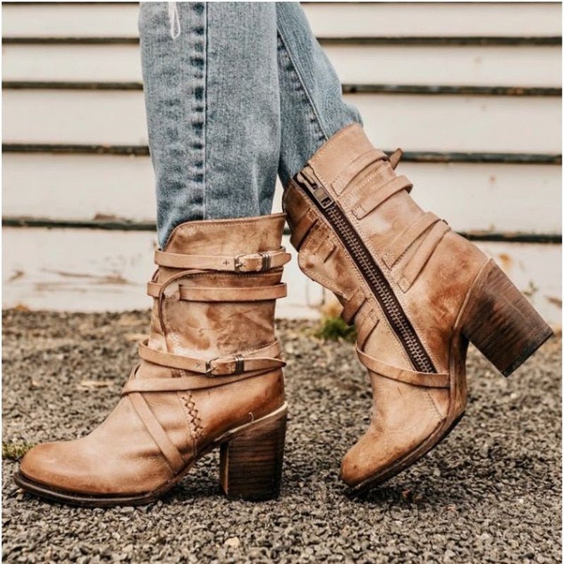 Women's Distressed Leather Boots | Chunky Heel