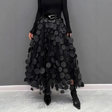 Black Polka Dot Mesh Midi Skirt for Women - Clelia