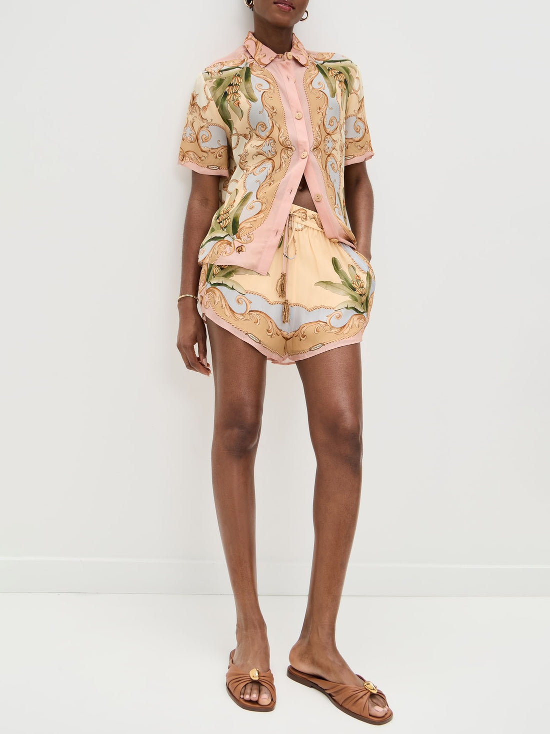 Pink and Beige Printed Short Sleeve Shirt and Shorts Set for Women - Fortunata