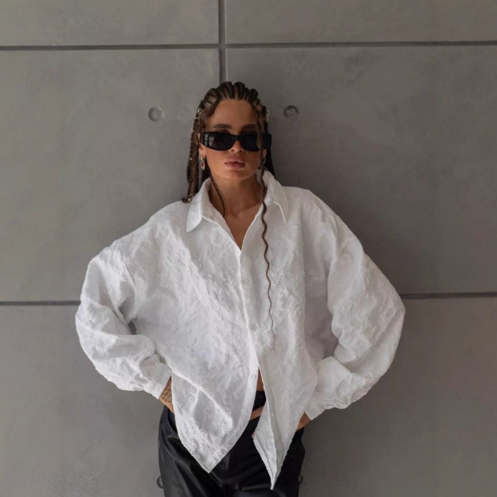 White Textured Button Up Shirt with Long Sleeves for Women - Noemi
