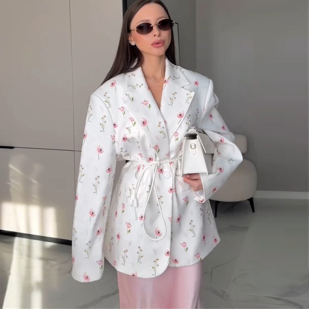 Floral Print Belted Blazer Jacket for Women - Giusy
