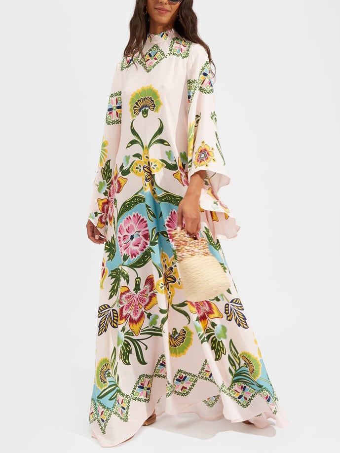 Cream Floral Maxi Dress with Bell Sleeves for Women - Delfina