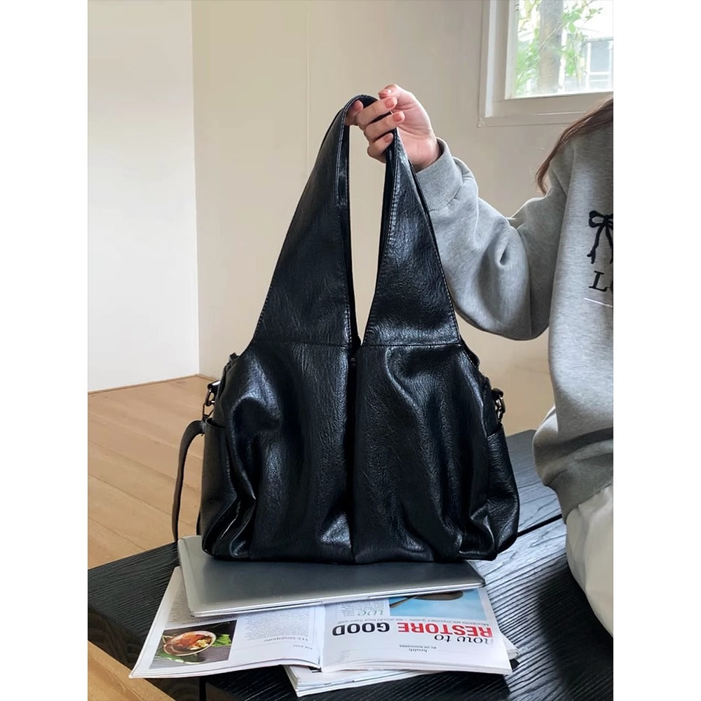 Black Faux Leather Shoulder Tote Bag for Women - Barbara