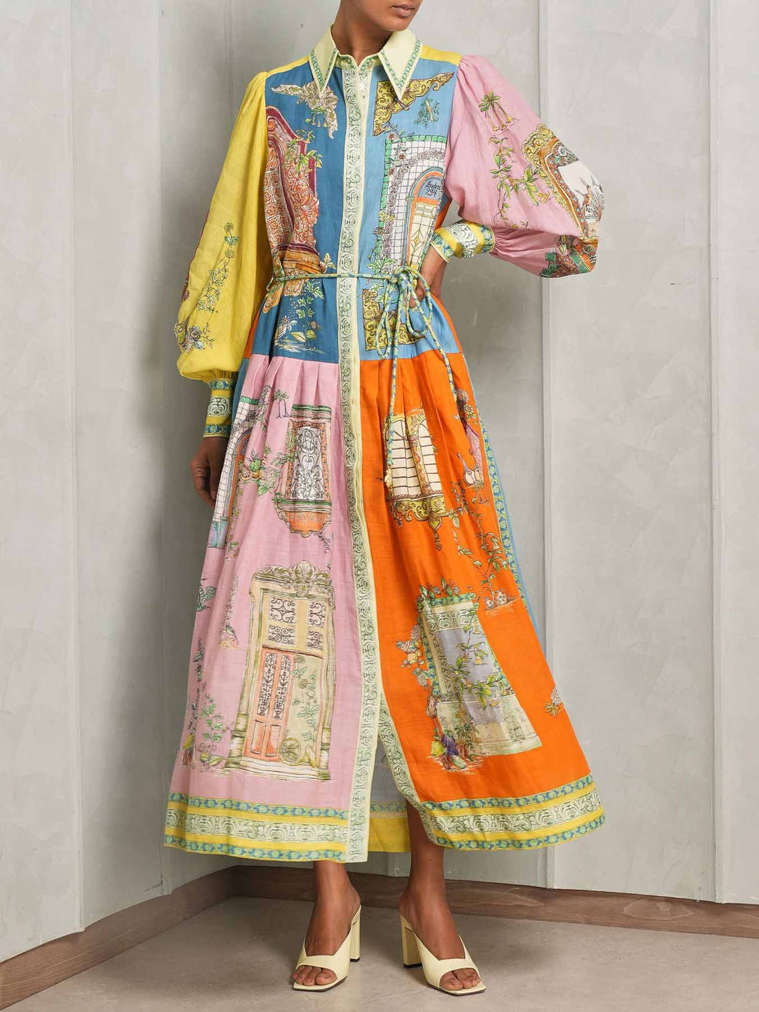 Multicolor Print Long Sleeve Maxi Dress with Belt for Women - Ines