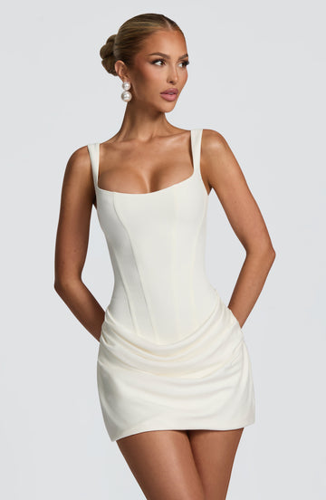 White Mini Dress with Draped Skirt for Women - Gaia