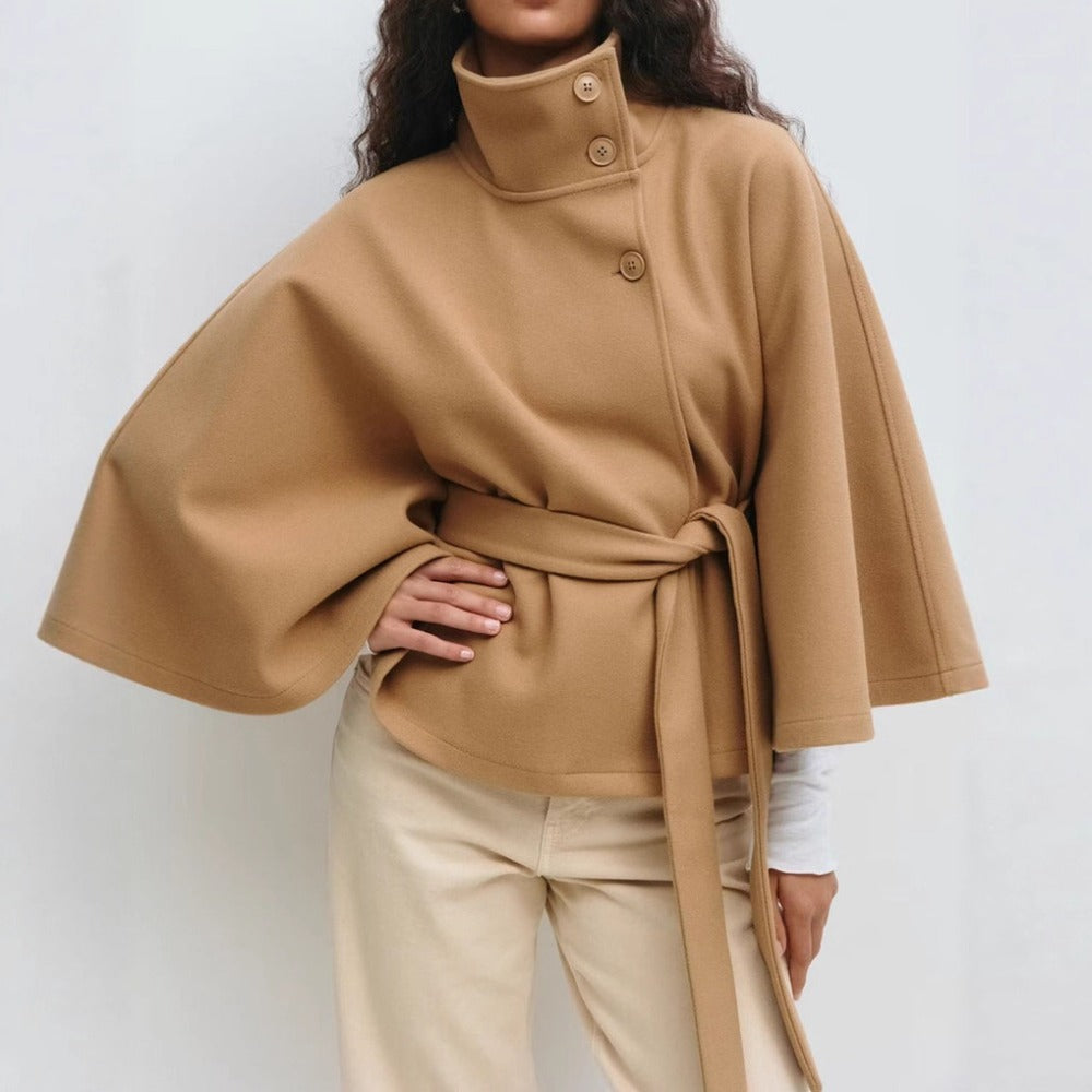 Belted Cape Coat with High Collar for Women - Iolanda