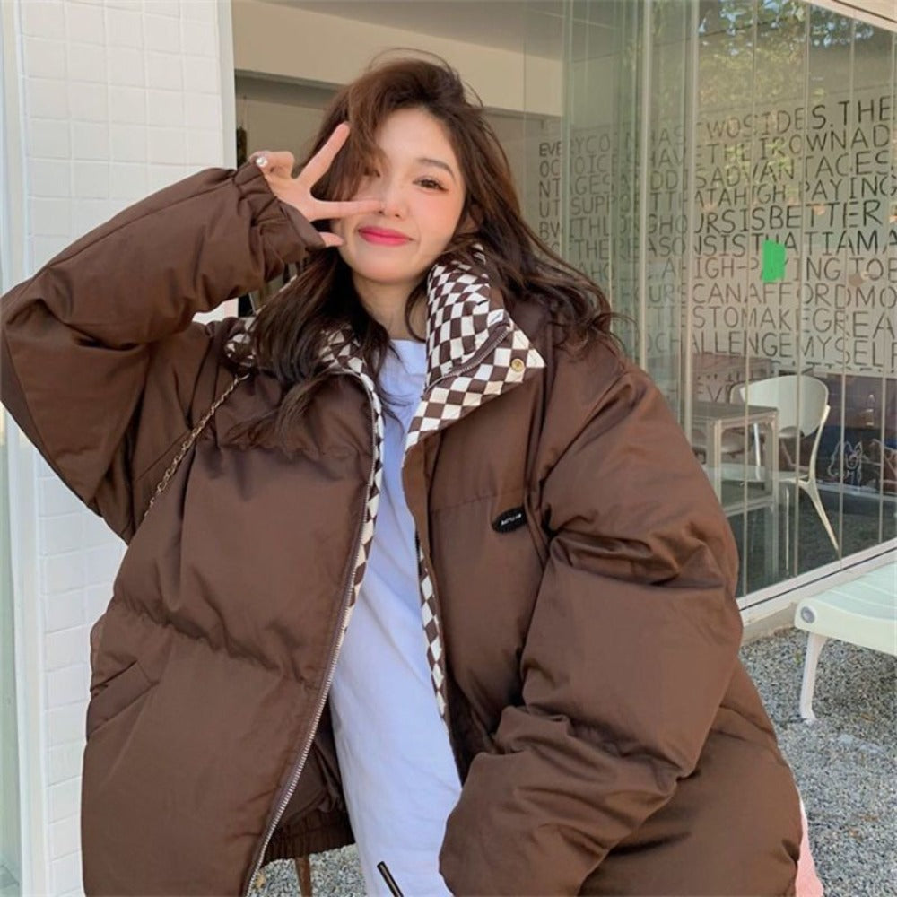 Puffer Jacket with Checkered Collar for Women - Caterina