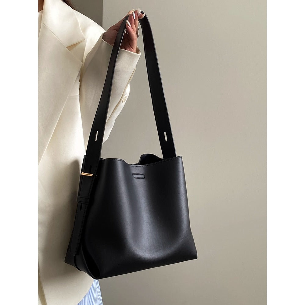 Black Leather Shoulder Tote Bag with Adjustable Strap for Women - Elisa
