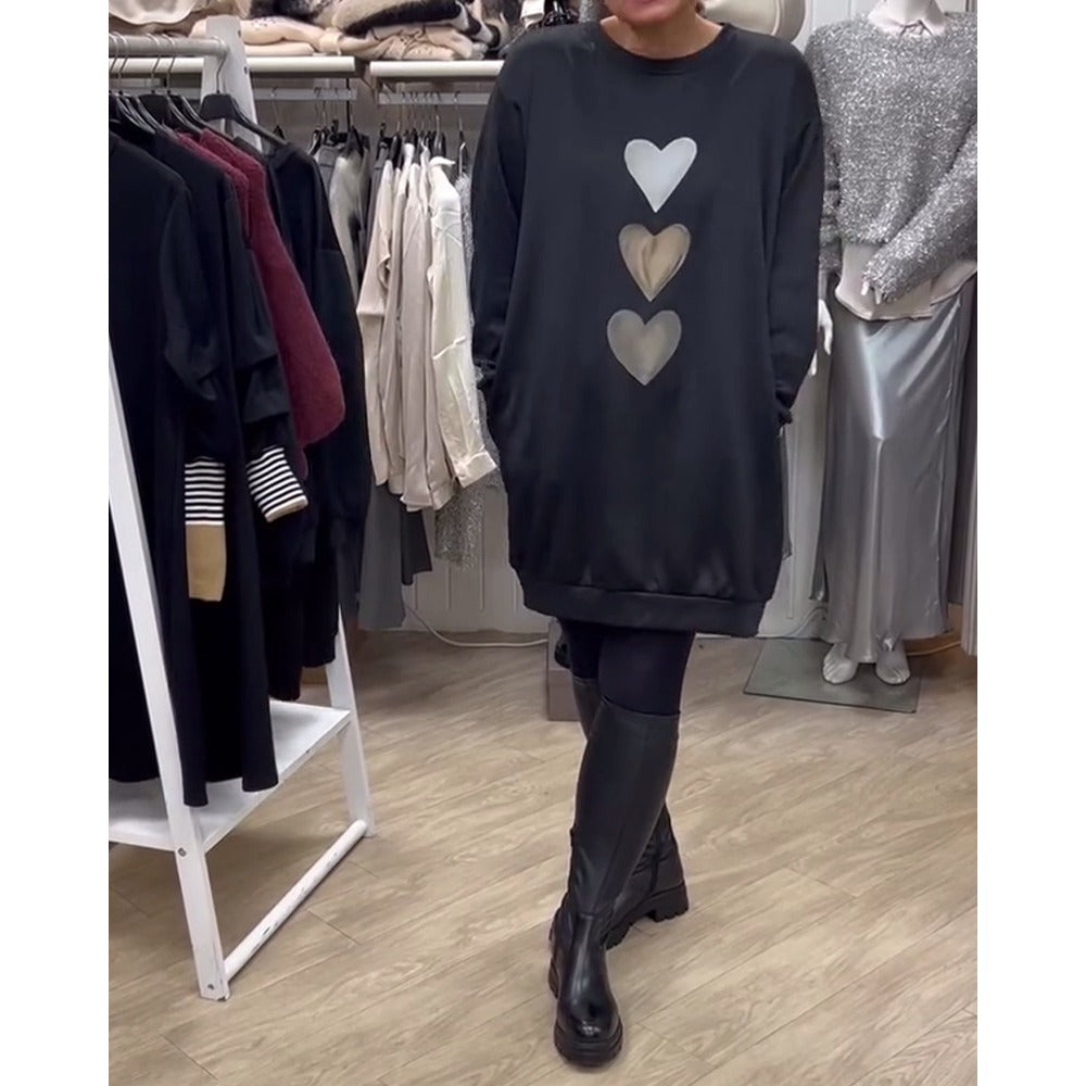 Black Long Sleeve Heart Print Sweatshirt Dress for Women - Pina