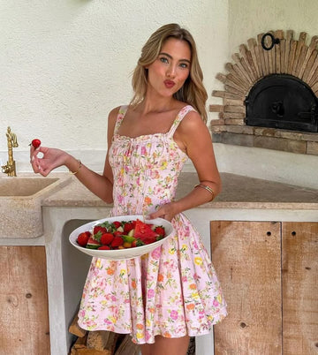 Pink Floral Mini Dress with Corset Bodice for Women - Caterina