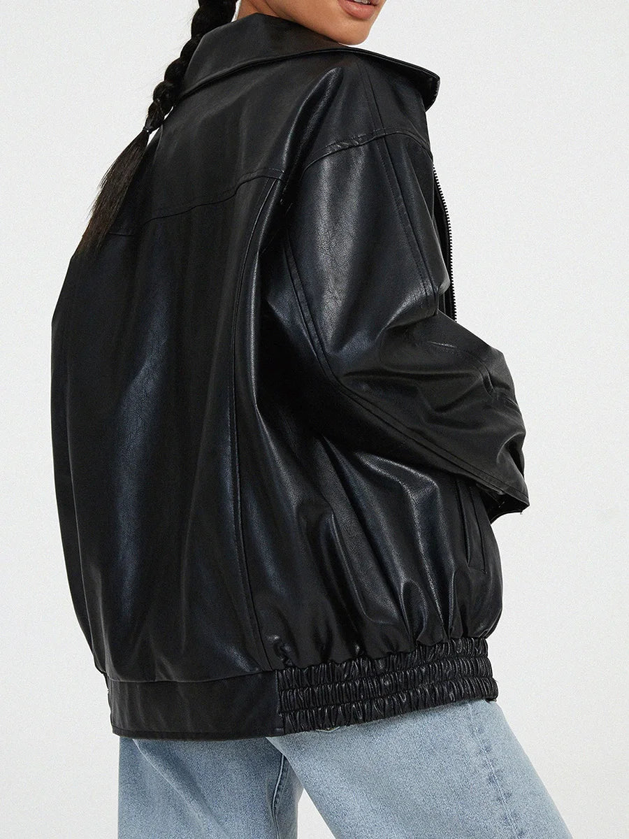 Women's Loose Leather Jacket | Lapel