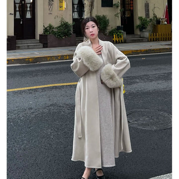 Long Wool Coat with Fur Cuffs for Women - Fortunata