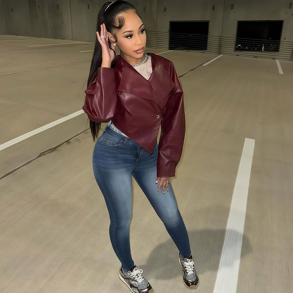 Burgundy Faux Leather Cropped Jacket for Women - Romina
