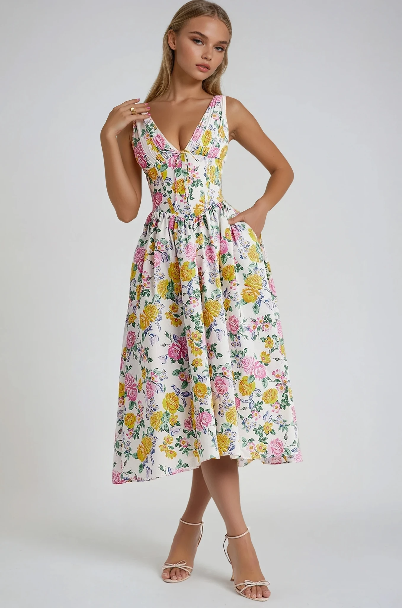 White Floral Midi Dress with Sleeveless V-Neck for Women - Selvaggia
