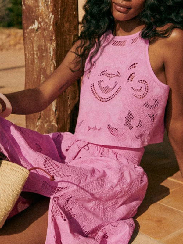 Pink Sleeveless Lace Crop Top for Women - Pina