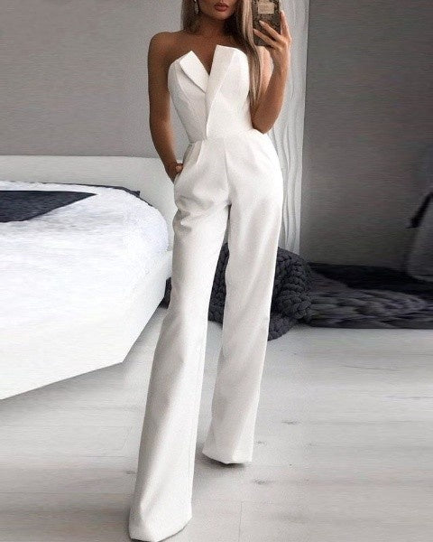 Women's Strapless Wide Leg Jumpsuit | V-Neck