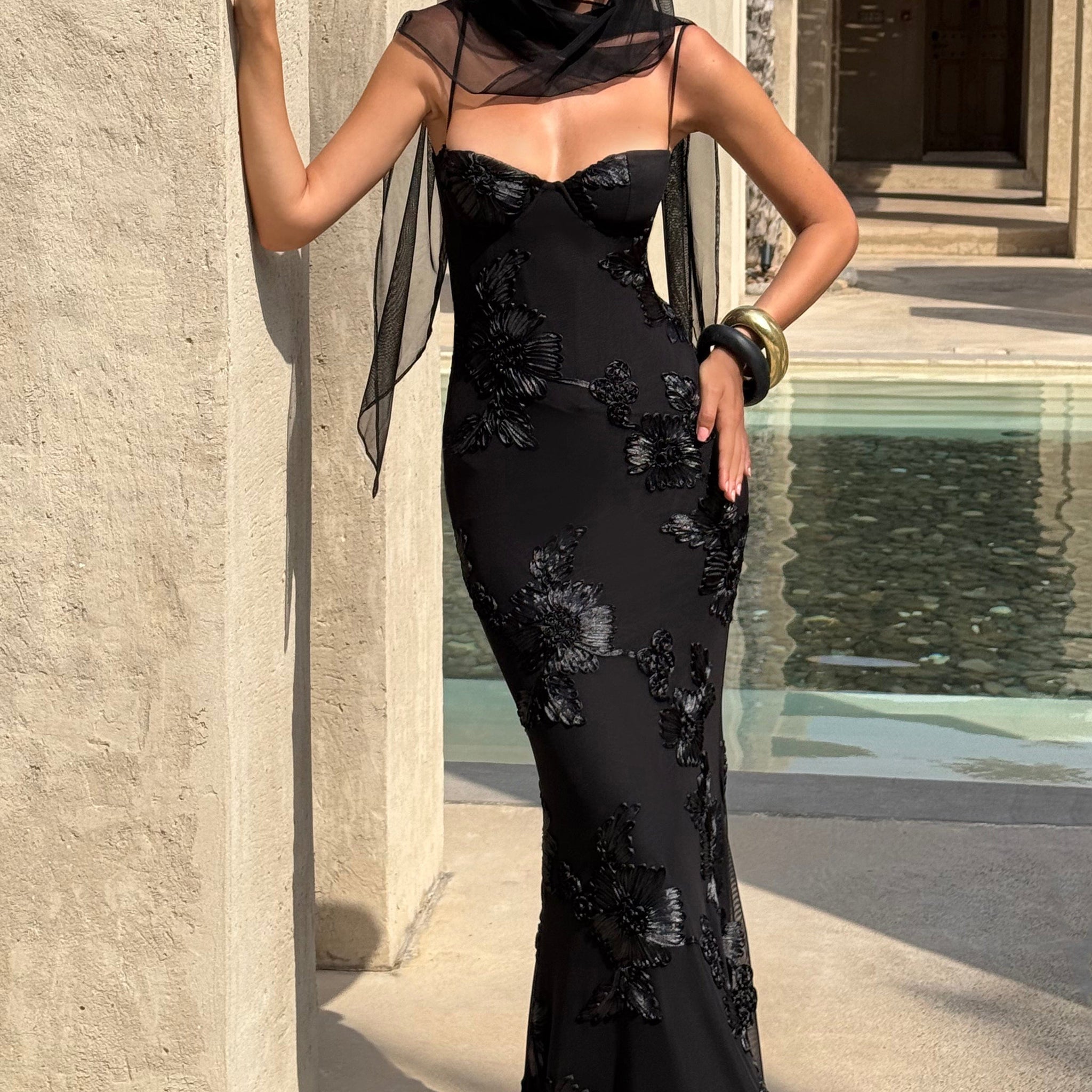 Black Floral Maxi Dress with Spaghetti Straps for Women - Romina