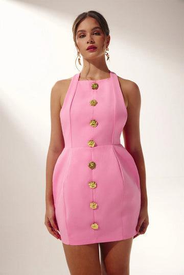 Halter Mini Dress with Gold Button Detail for Women - Dalila