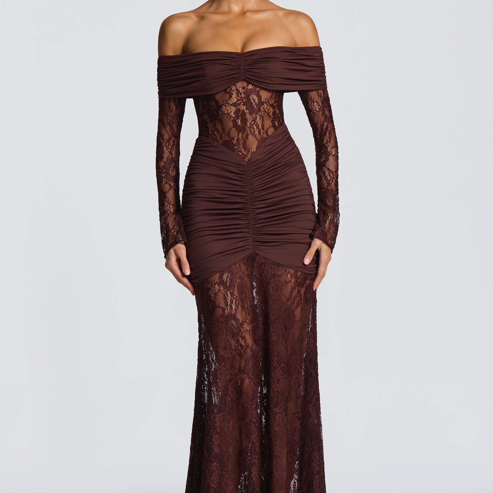 Brown Lace Maxi Dress with Off Shoulder for Women - Antonella
