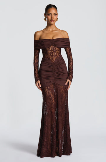 Brown Lace Maxi Dress with Off Shoulder for Women - Antonella