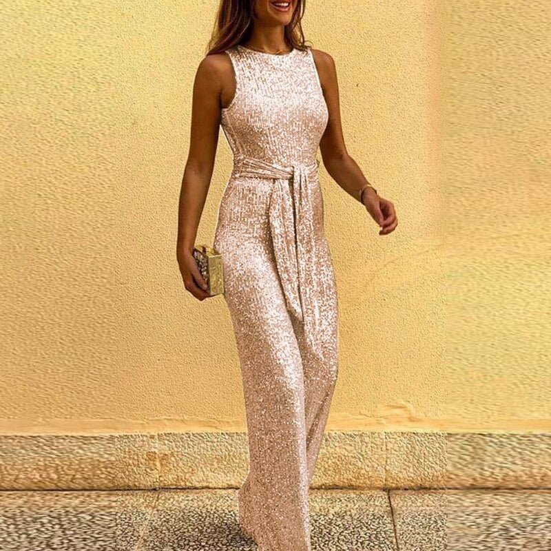 Women’s Party Sleeveless Jumpsuit | with Tie Belt